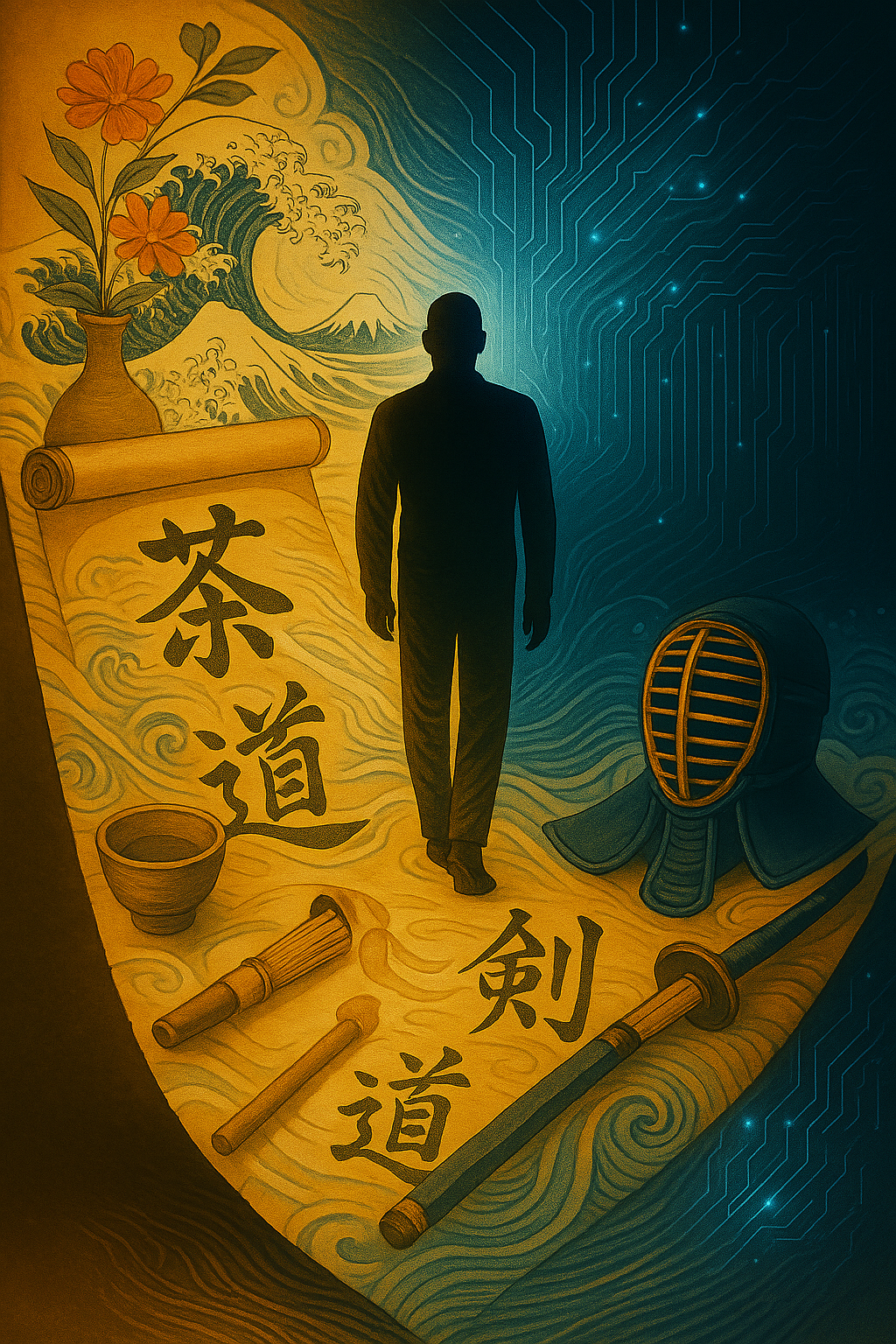 Figura humana caminando sobre un pergamino con elementos japoneses tradicionales que desemboca en un fondo de circuitos digitales