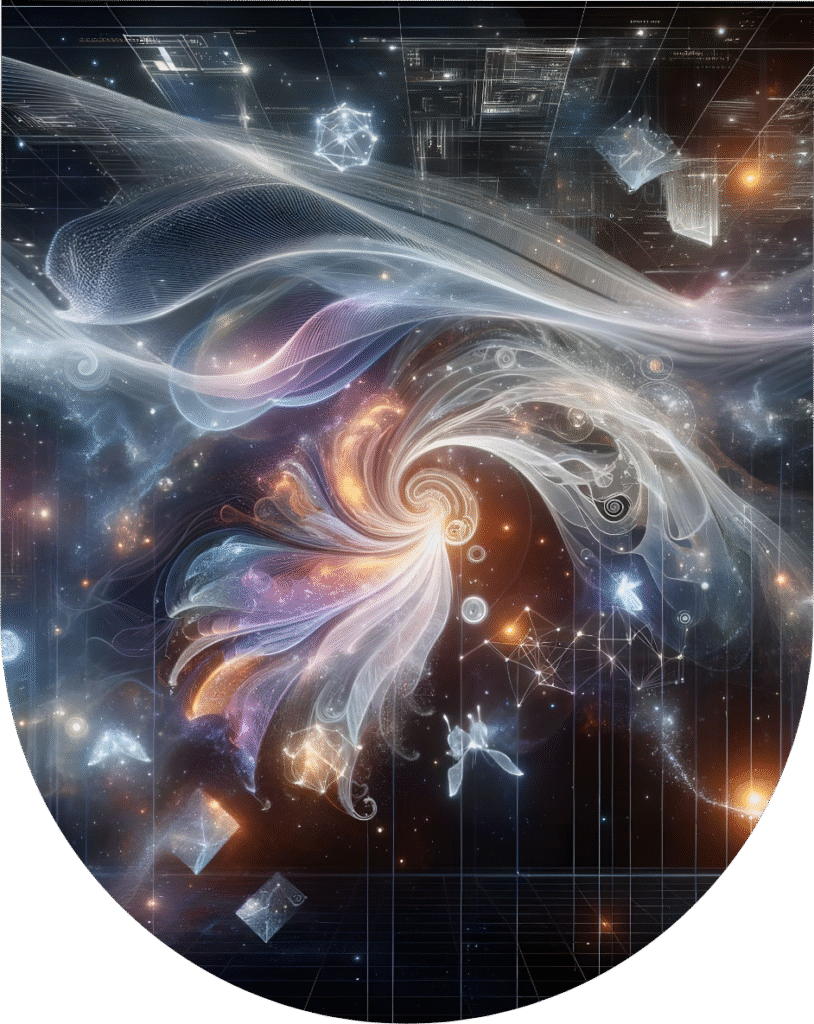 Representación visual abstracta del flujo creativo con formas orgánicas que simbolizan la evolución de las ideas.