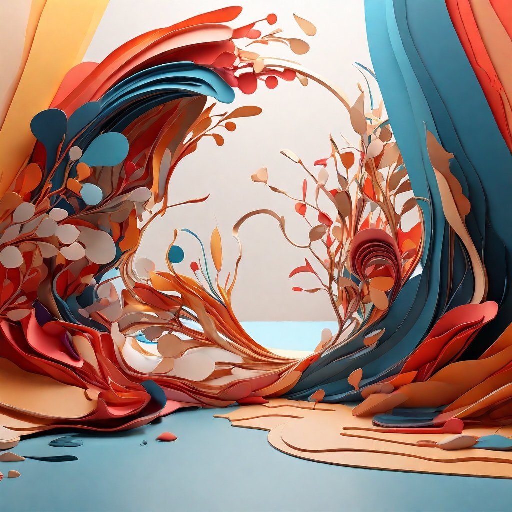 Representación visual abstracta del flujo creativo con formas orgánicas que simbolizan la evolución de las ideas.