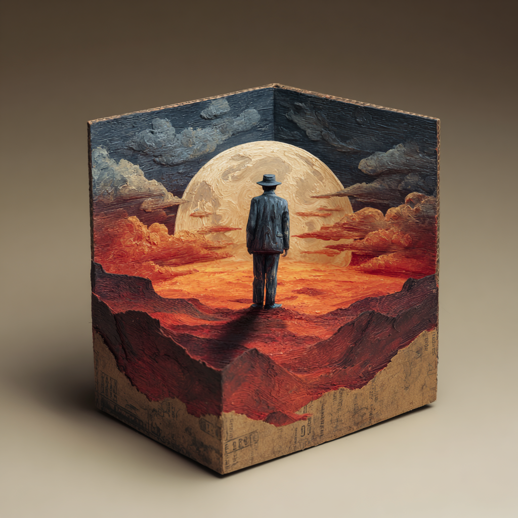 Escena surrealista de un hombre mirando una gran luna en un paisaje rojo dentro de una caja de cartón texturizada.