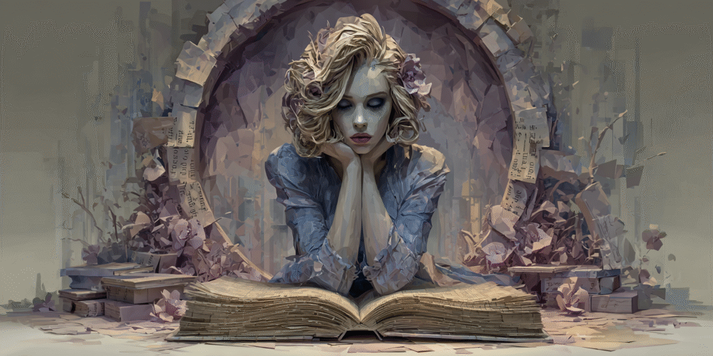 Ilustración de estilo pictórico de una mujer pensativa, sentada frente a un libro abierto, con páginas flotantes a su alrededor.