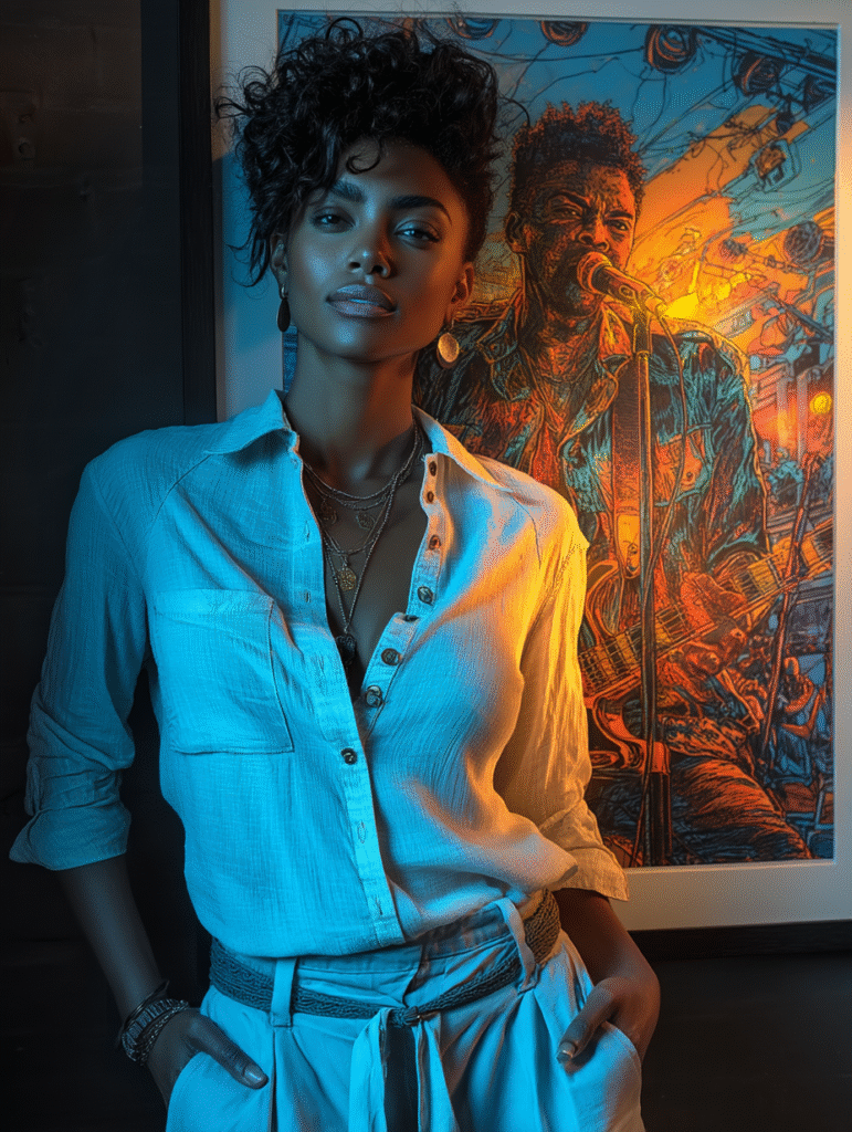 Un retrato artístico que captura a una mujer con una iluminación de contraste dual: un lado de su rostro y cuerpo se ilumina con una luz cálida y dorada, mientras que el otro está bañado en tonos fríos y azulados. La mujer, de expresión serena, posa elegantemente con las manos en los bolsillos junto a una vibrante obra de arte que representa a un músico. La imagen evoca la atmósfera sofisticada de una galería o estudio, fusionando la moda, el arte y la música en una sola composición visual. Es una pieza generada por IA que destaca por su creatividad en el uso de la luz.