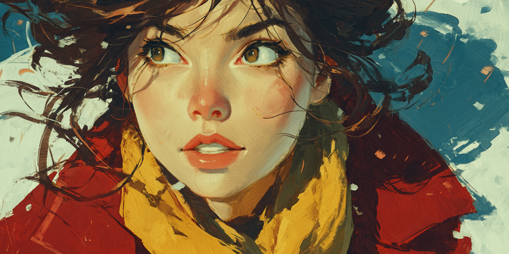 Retrato de una mujer con grandes ojos, cabello castaño y bufanda amarilla, pintado con un estilo de pinceladas visibles.